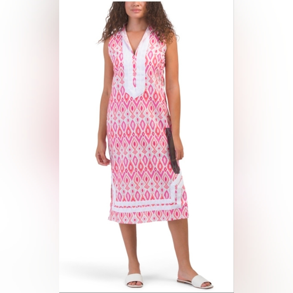 Sail To Sable Diamond Pink Ikat Sleeveless Caftan With Trim Dress Size XXS NWT